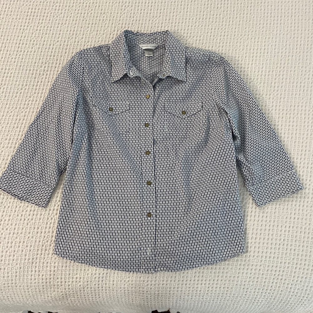 Christopher & Banks Button Up 3/4 sleeve Shirt Black and White